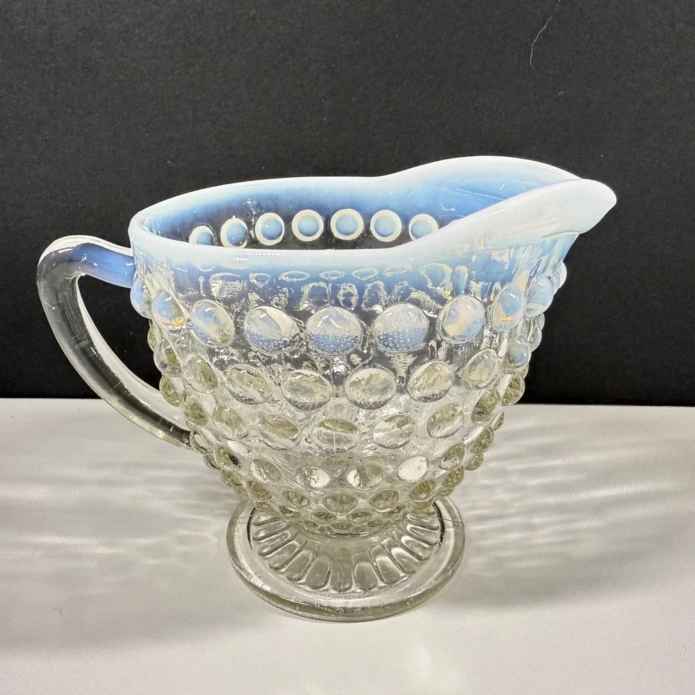 Anchor Hocking Fenton Moonstone Opalescent Hobnail Glass Creamer Vintage 3.5